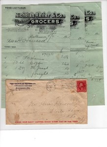 Nicholas Reiter & Co.  ca. 1914 envelope w/ three grocery lists ephemera
