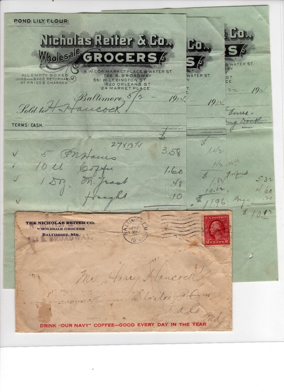 Nicholas Reiter & Co.  ca. 1914 envelope w/ three grocery lists ephemera