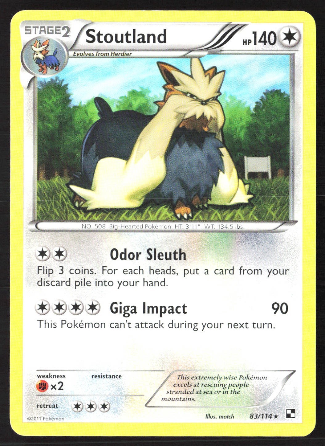 Pokémon Stoutland 83/114 Rare Regular Black & White Base Set Pokémon Card