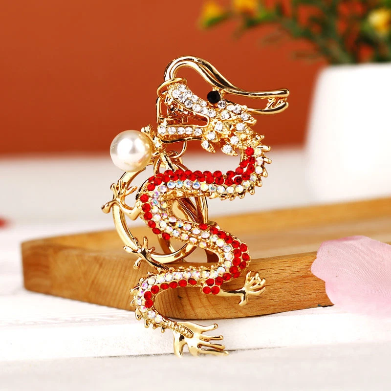 Chinese Dragon Pearl Crystal Rhinestone Keyring Keychain Car Key Chain Ring Gift