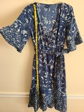 Kaari Blue Dress Womens Wrap With Flutter Sleeve Medium Tie Belt