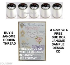JANOME SEWING MACHINE BOBBIN THREAD x5 - 1000m WHITE Embroidery + FREE SUE BOX
