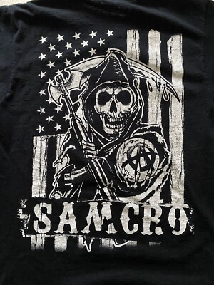 SONS OF ANARCHY ''SAMCRO'' BLACK T-SHIRT MEN'S Medium 2 Sided Flag