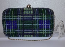 Moyna Beaded Box Clutch Plaid Blue And Green Handcrafted Nwt