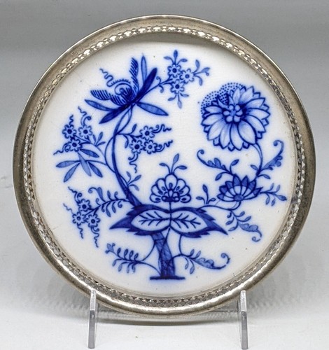 German Porcelain Blue Onion Coaster / Trivet with silver band and feet