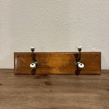Vintage Large Antique Brass Coat Hooks Double w Porcelain Knobs PAIR on Wood