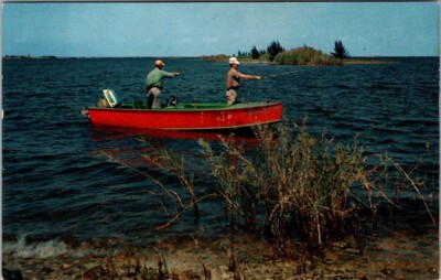 Postcard Two Guys Fishing in Red Boat Chrome Postcard 1959