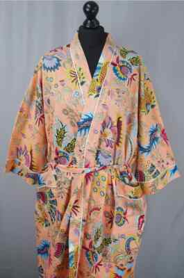 Indian Peach Floral Print Cotton Robes Long Kimono Sleepwear Night Kimono Robes