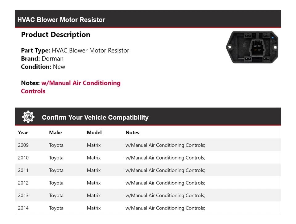 Resistencia del motor soplador de climatización para Toyota Matrix Dorman 2009-2014 2010 2011 2012 Foto 2 de 4