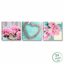 Tris shabby cuori - QUADRI 3 pezzi 25x25 cm TELA SHABBY CHIC VINTAGE FIORI ROSA
