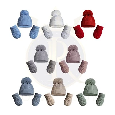 SOFT TOUCH Baby Boys Girls Hat Unisex Winter Knitted Pom Pom Hat Mittens Set NB-12 Months