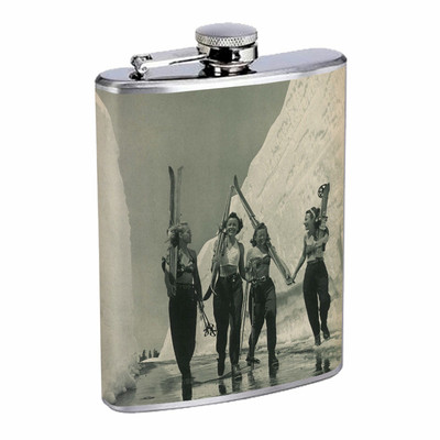 Vintage Skiing Skier Skis D18 Flask 8oz Stainless Steel Hip Drinking Whiskey B&W