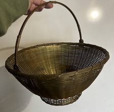 Vintage WOVEN SOLID BRASS BASKET with folding handle 12  wide - Made In India