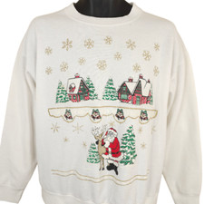 Vintage Christmas Sweatshirt Mens Size Large White 90s Santa Claus Reindeer USA