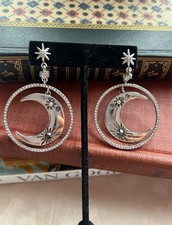Celestial Moon  Star - Silver Tone Drop Earrings Rhinestone Hoops