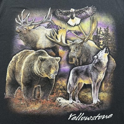Yellowstone Wildlife Shirt Mens Large Black Bear Wolf Moose Elk Graphic Tee