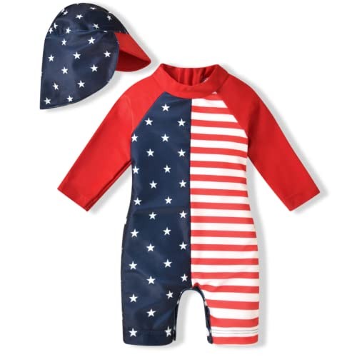 Baby Girls Long Sleeve One Piece Bathing Suit with Hat 3-6 Months American Flag - Picture 2 of 7