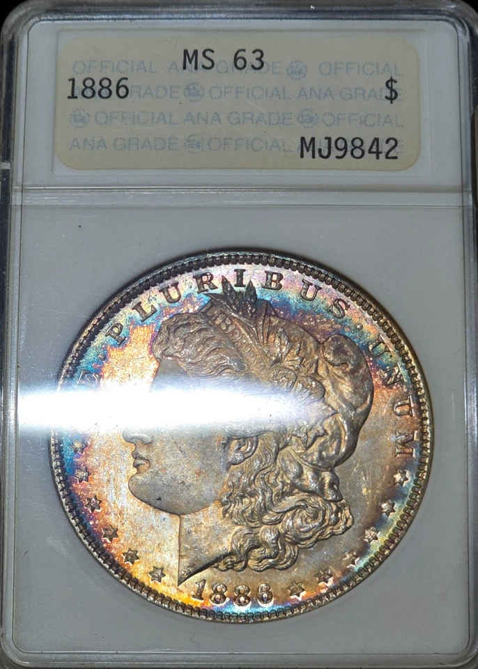 Moneda de 1 dólar de plata Morgan 1886 MS63 ANACS antiguo soporte jabón genio tono arco iris Foto 4 de 4