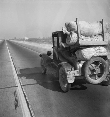 Drought refugee's car on US Highway 99 between Bakersfield Famoso - Old Photo