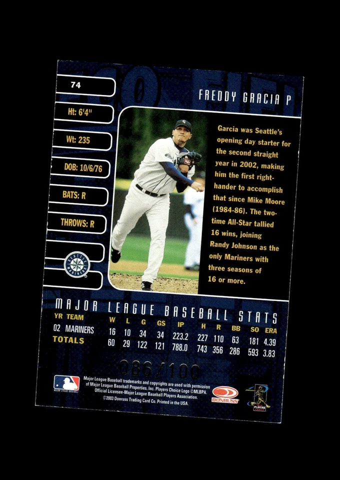 2003 Donruss Studio Studio Proof #74 Freddy Garcia Seattle Mariners #/100 - Image 2 of 2