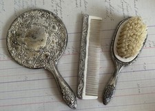 Child Sized Vintage Heavy Silverplate Vanity Mirror, Brush, Comb Set