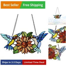 Hummingbirds Flower Tiffany Style Stained Glass Window Hangings Panel with Ch...