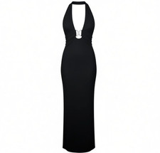 Cache Vintage Black Halter Dress With Slit Backless Stretchy Maxi Gown Size 2