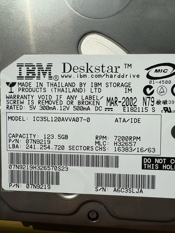 123.5 GB IDE IBM Deskstar IC35L120AVVA07-0 PRM 7200rpm 2MB 3.5" - Image 2 of 3