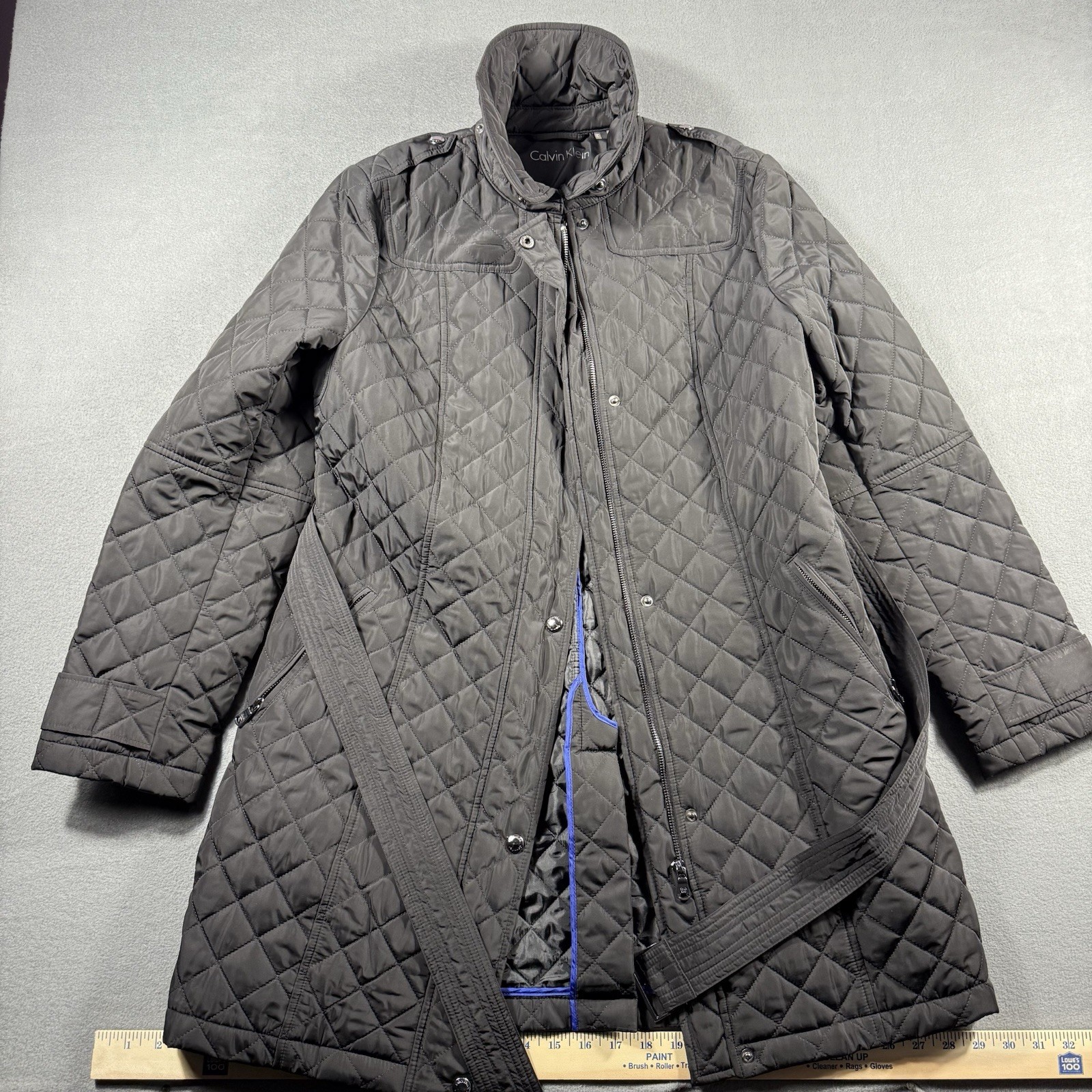Calvin Klein Women's M Black Quilted Belted Full Zip Jacket Long Sleeve Coat