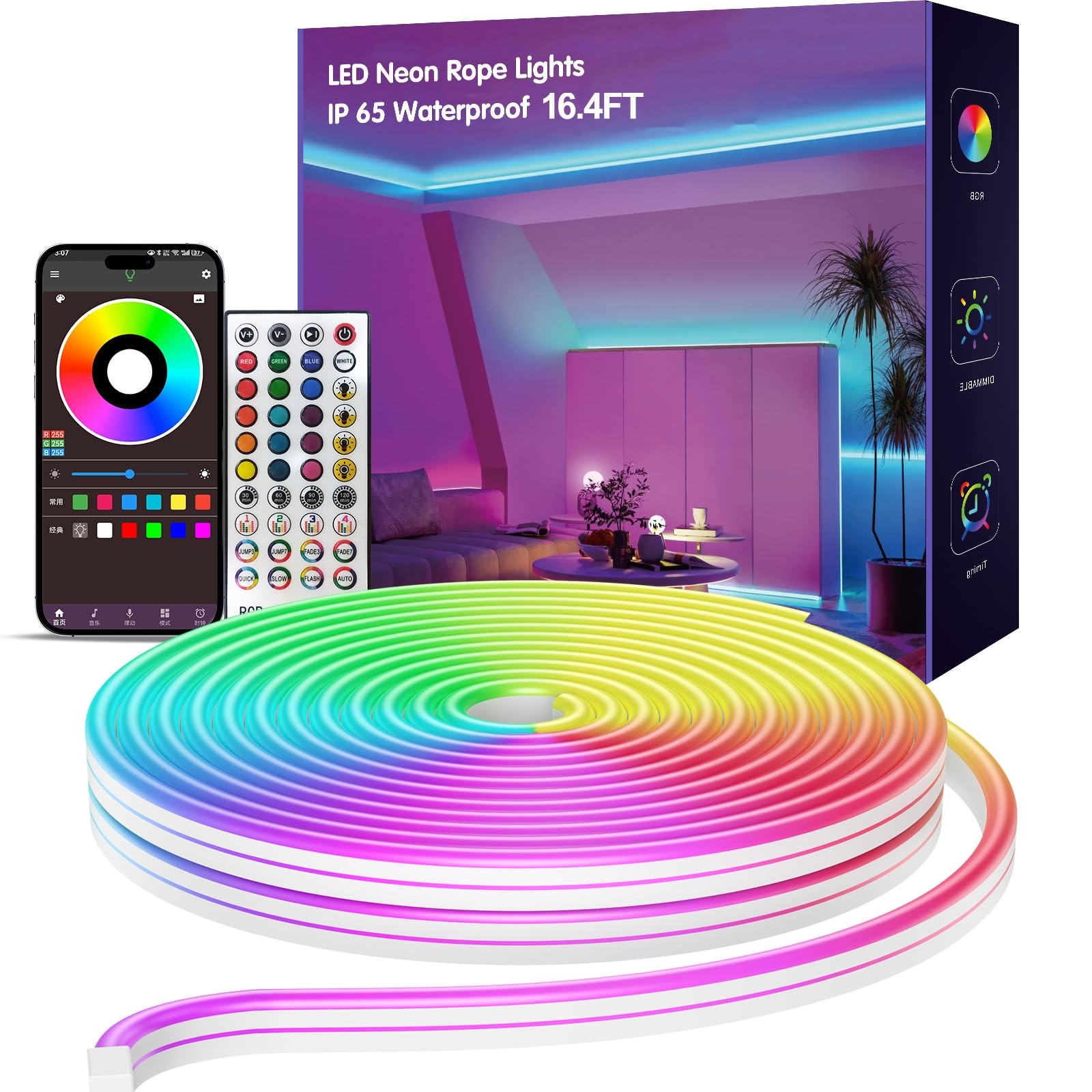 16.4ft Neon Rope Lights RGB LED Strip IP65 Waterproof for Bedroom Outdoor