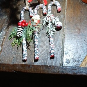 Handcrafted Christmas Candy Cane Ornaments with Pinecone, Berries, Set of 3