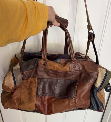 Vintage Leather Patchwork Duffel Travel Bag Satin Lined Handle & Strap Multic