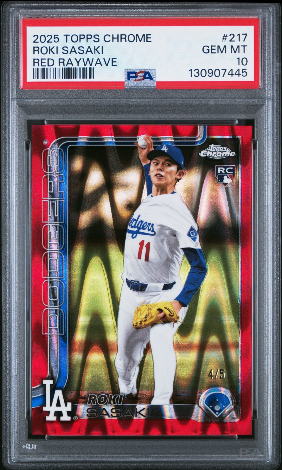 2025 Topps Chrome #217 Roki Sasaki Rookie Red Raywave /5 Dodgers RC PSA 10