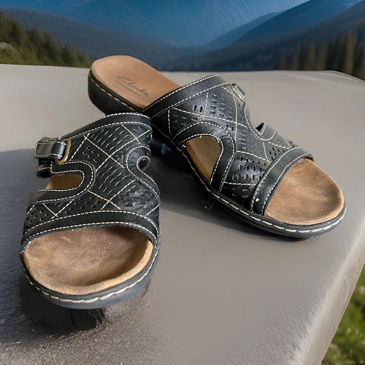 SANDALI CLARKS PIEGHEVOLI LEISA SLIDES PELLE NERA DONNA TG 9