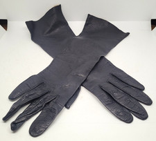 Vintage Black Leather Gloves Size 7  Mid-Forearm Length Textured Grain Lined