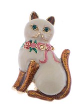 Women's Gold Toned Enamel Rhinestone Crystal Fancy Feline Floral Cat Lady Brooch