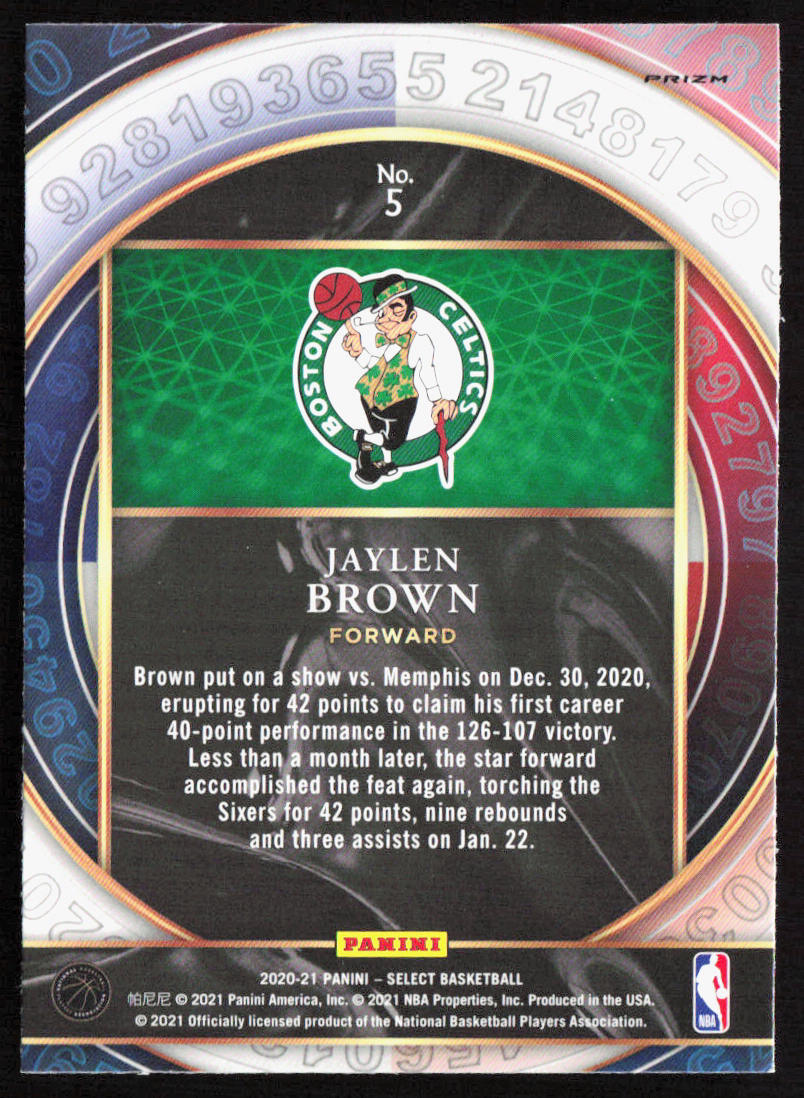 2020-21 Panini Select Jaylen Brown Numbers Green Cracked Ice Prizm