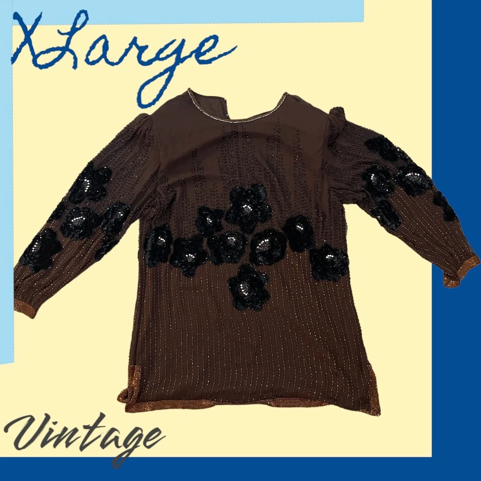 TÚNICA GRANDE VINTAGE MARRÓN Oleg 100 % seda, lentejuelas, pedrería, hombreras XLarge Foto 4 de 4