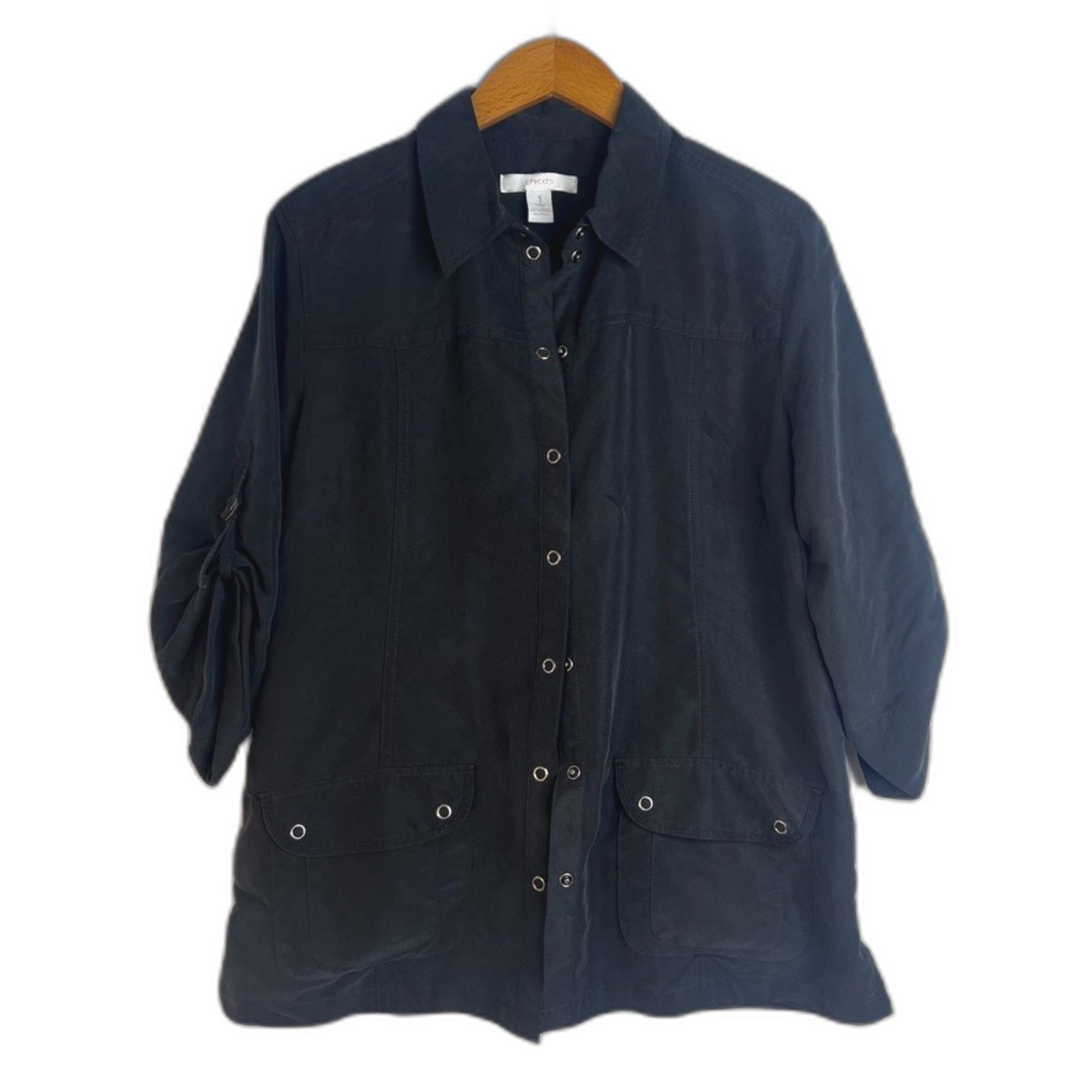 Chicos Snap Button Roll Cuff Back Cinch Casual Sh… - image 1