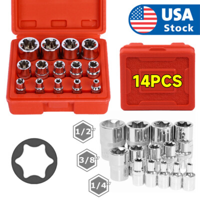 14 PCS E Torx Star Female Bit Socket Set 1/2'' 3/8'' 1/4'' Drive E4 - E24 with Case