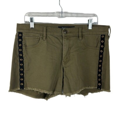 Express Shortie Shorts Women's 12 Olive Mid Rise Fringe Hem Twill EUC