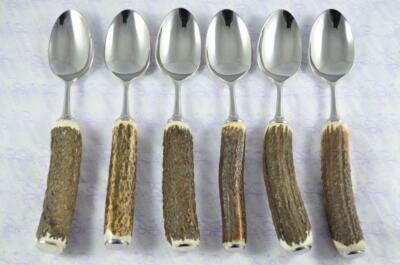 Sechs 6 echte Hirsch/Geweihgriff Teelöffel verpackt Made in Sheffield England