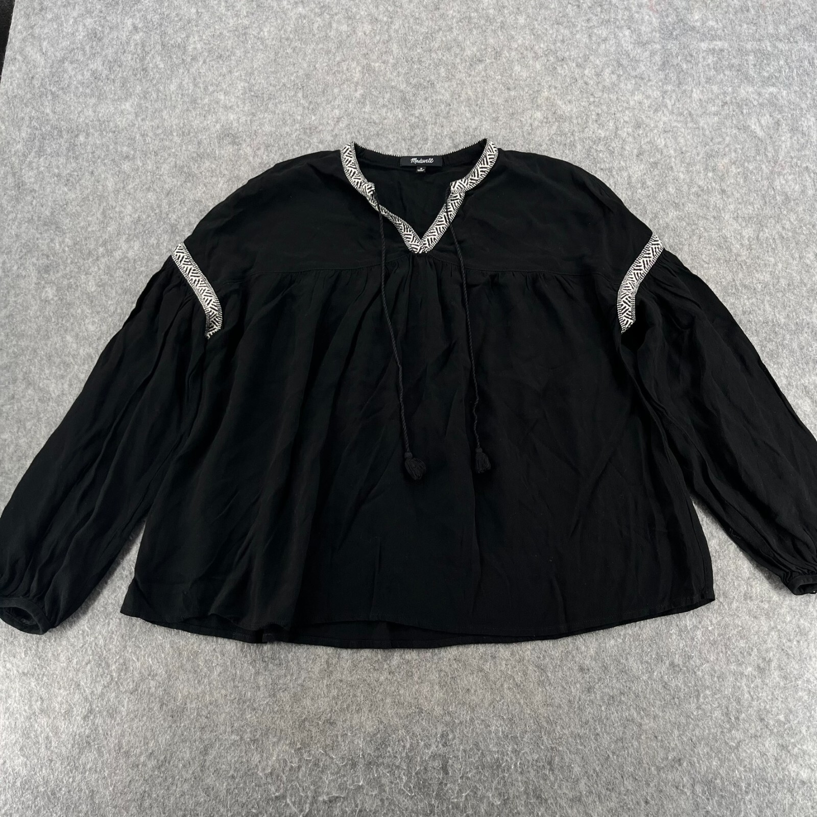 Madewell True Black White Trim Peasant Blouson Sleeve Top Womens M