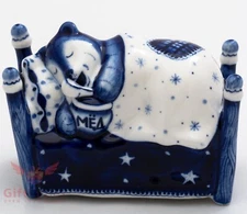 Gzhel porcelain figurine Bear sleeping with jar of honey souvenir hand-painted