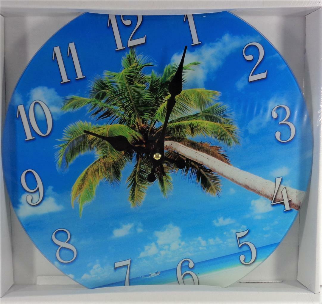 NAUTICAL PALM TREE ON A TROPICAL ISLAND BEACH SEA LIFE GLASS WALL CLOCK ARTWORK