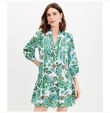 Loft Green Paisley Floral Swing Dress Split Neck 3/4 Bell Sleeves Lined. Sz-S