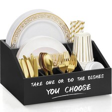 Wood Paper Plate Dispenser Holder Kitchen Counter Utensil Caddy Organizer Rustic