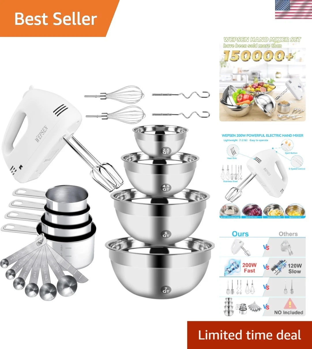 Complete Kitchen Baking Set: 5-Speed Mixer & Stainless Steel Bowls Included
