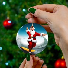 Surfing Santa Holiday Christmas Ornament - Ceramic, Fun Xmas Gift Ornament