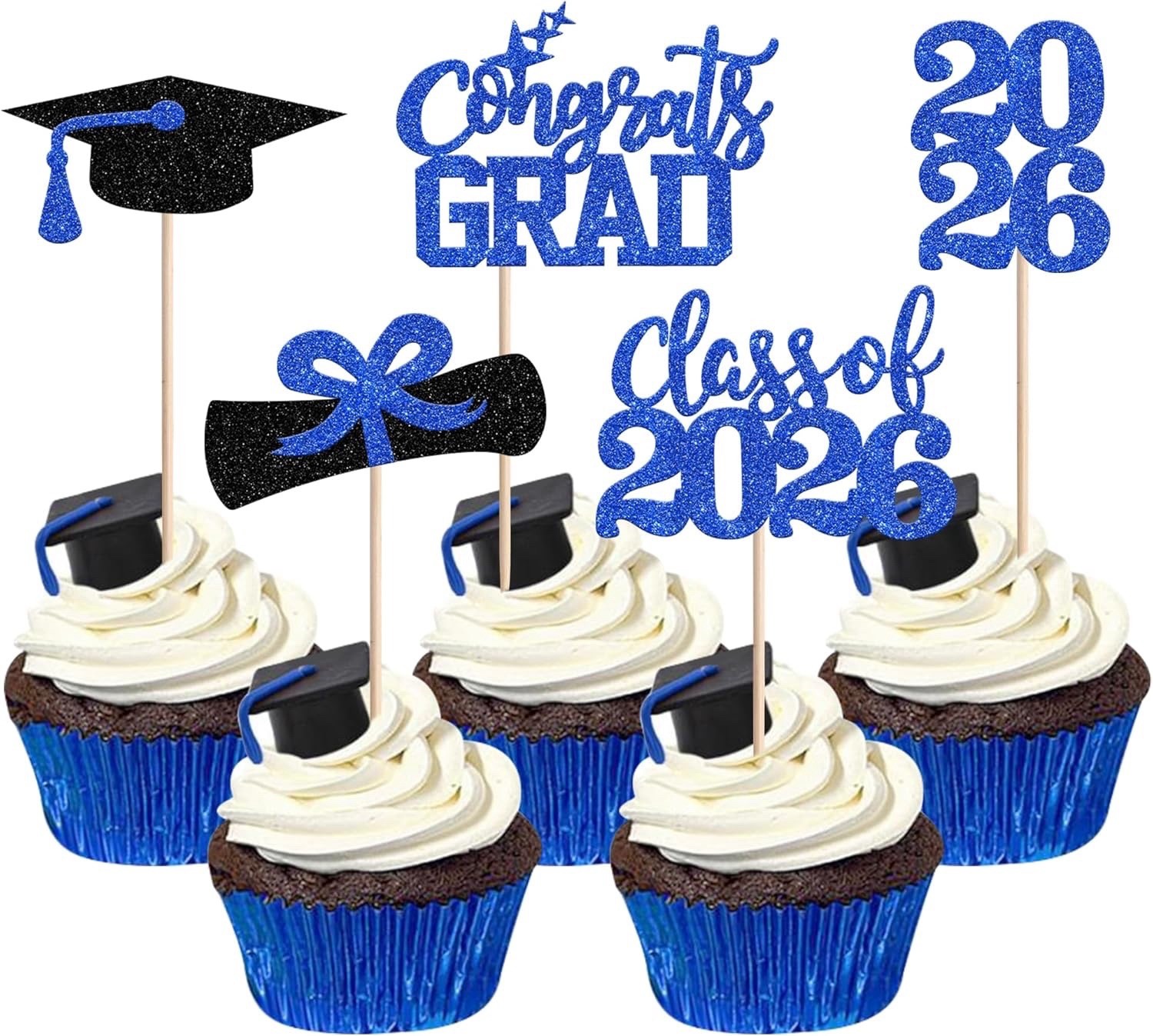 40 PCS 2026 Graduation Theme Cupcake Toppers Glitter Class of 2026 Graduation.